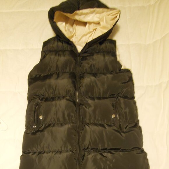 Like New Long Black Puffer Vest With Hood - Picture 2 of 9